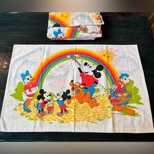 80s Walt Disney Twin Sheet Set Vintage Mickey Mouse Daisy Duck Rainbows Painting